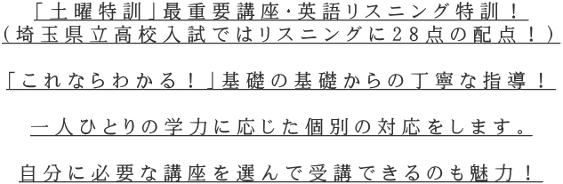 「土曜特訓」最重要講座・英語リスニング特訓! (埼玉県立高校入試ではリスニングに28点の配点!) 「これならわかる!」基礎の基礎からの丁寧な指導! 一人ひとりの学力に応じた個別の対応をします。 自分に必要な講座を選んで受講できるのも魅力!